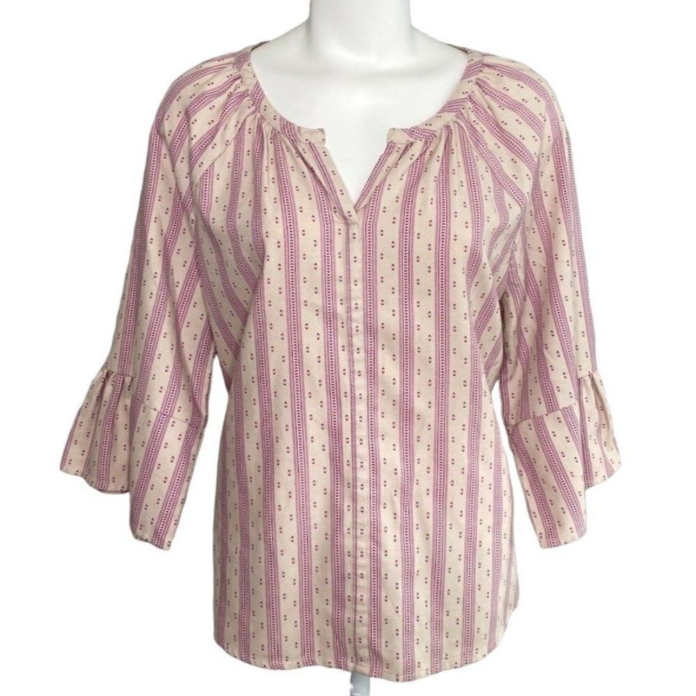 Womens Bit & Bridle Beige Pink V‎ Neck 3/4 Bell Sleeve Top Sz Medium